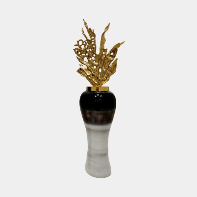 38" Black and Gray Jar With a Gold Faux Coral Top