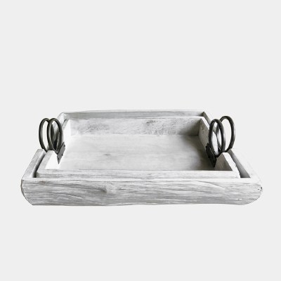 13" x 19" Distressed White Tray With Metal Ring Handles