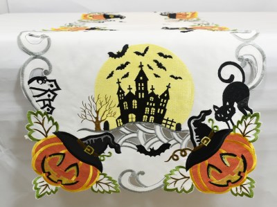 72" Black Cat and Bats Halloween Table Runner