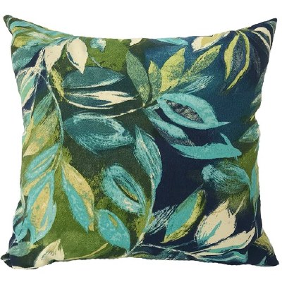 16" Sq Blue and Green Leaves Decorative Outdoor Pillow