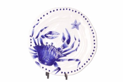 14" Round Blue Ceramic Crab Platter