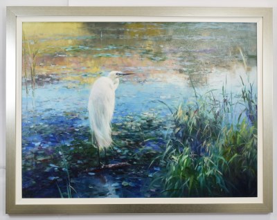 35" x 45" White Egret in a Blue and Green Marsh
