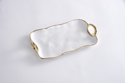 8" x 13" White and Gold Rectangle Tray With Handles by Pampa Bay