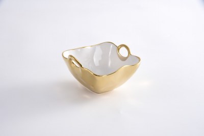 5" Sq White and Gold Bowl With Handles by Pampa Bay