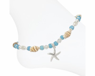 Silver Toned and Blue Bead Starfish and Shell Anklet