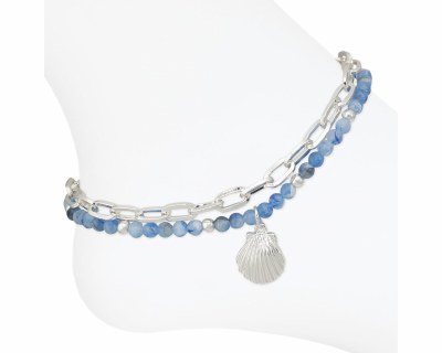 Silver Toned Scallop Shell and Blue Bead Anklet