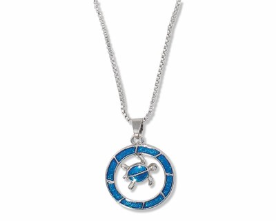 16" Silver Toned Blue Glitter Enamel Inlay Turtle Necklace