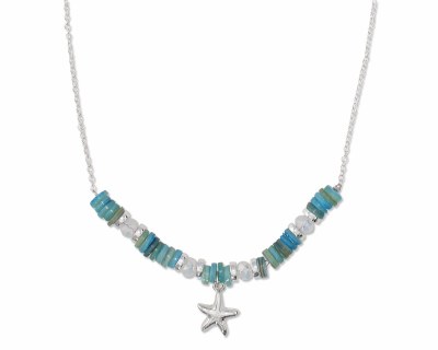 18" Silver Toned Starfish and Blue Shells Necklace