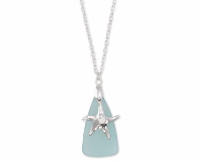 18" Silver Toned Starfish and Sea Glass Necklace