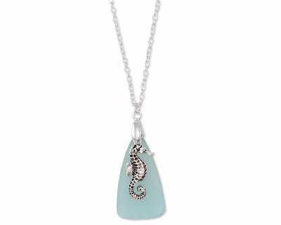 18" Silver Toned Seahorse and Sea Glass Necklace