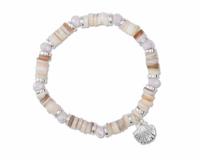 Silver Toned and Beige Beads Scallop Shell Bracelet