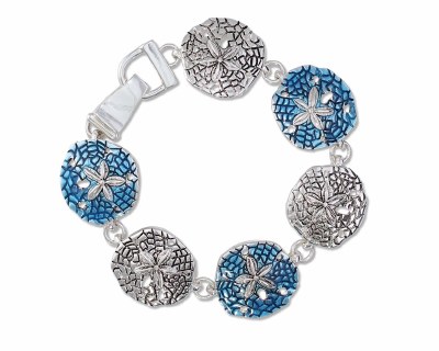 Distressed Silver Toned and Aqua Sand Dollar Bracelet