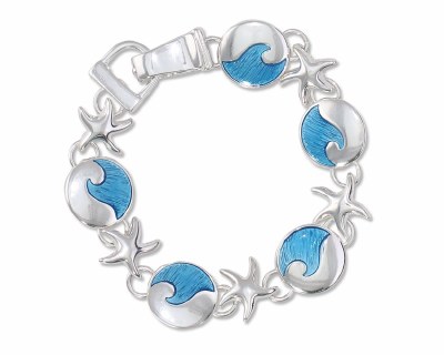 Silver Toned and Blue Foil Inlay Starfish and Wave Bracelet