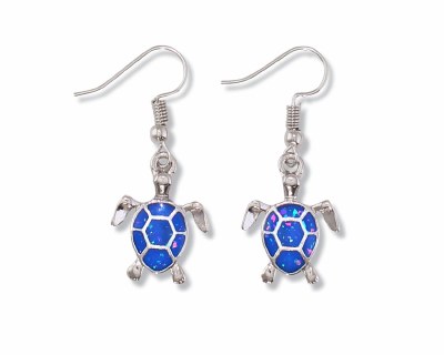 Silver Toned and Blue Glitter Turtle Earrings