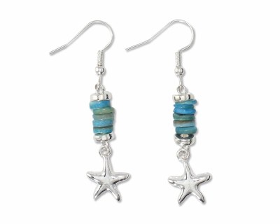 Silver Toned and Aqua Beads Starfish Earrings