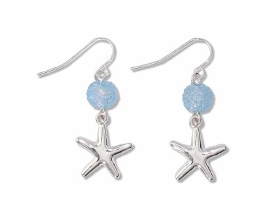 Silver Toned and Blue Bead Starfish Earrings