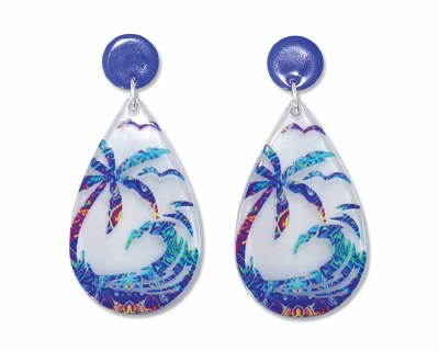 Blue Palm Tree and Wave Earrings