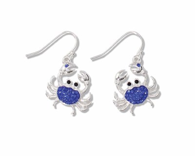 Silver Toned and Blue Crystal Crab Earrings