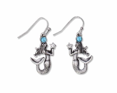 Silver Toned and Aqua Crystal Mermaid Earrings