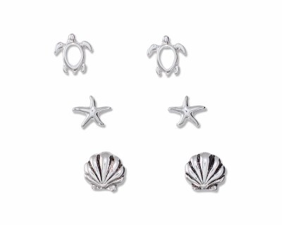 Set of Three Silver Toned Turtle, Scallop Shell, and Starfish Earrings