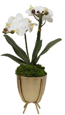 16" Faux Mini White Orchid in a Gold Stand Pot