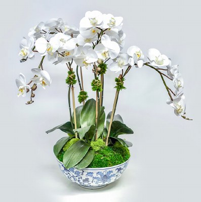 29" Faux Five White Orchids in a Blue and White Bowl