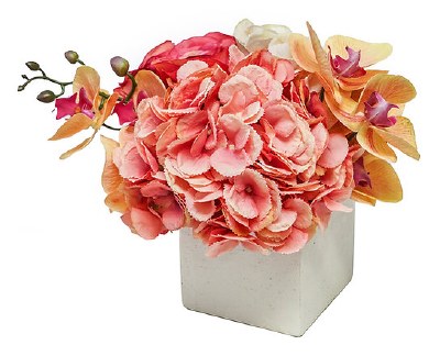 12" Faux Pink and Coral Flowers in a Square Vase
