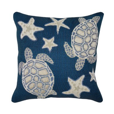 18" Sq Navy Turtle and Starfish Decorative Indoor/Outdoor Pillow