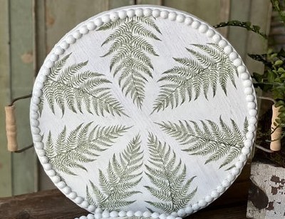 16" Round White Beaded Rim and Fern Pattern Tray With Handles