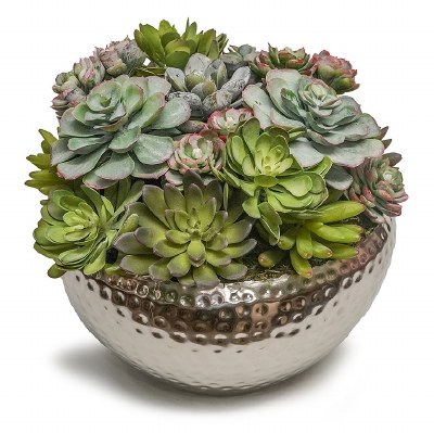 13" Faux Mixed Succulent in a Round Silver Bowl