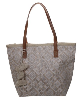 16" Natural and White Square Pattern Tote Bag