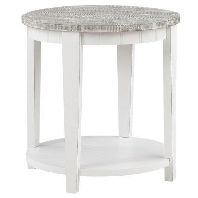 24" Round Boardwalk and White End Table With a Shelf