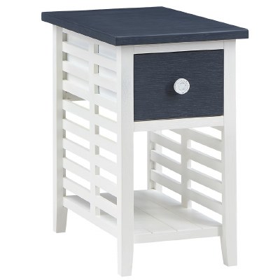 22" Navy and White One Drawer Slat Sides End Table