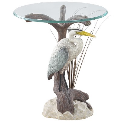 19" Round Glass Top Polyresin Heron End Table