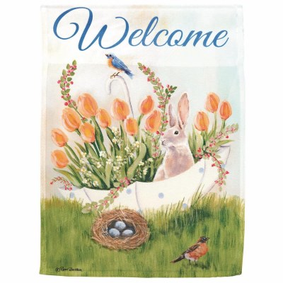 18" x 13" "Welcome" Bunny in the Tulips Mini Garden Flag