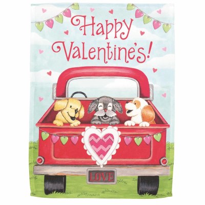 18" x 13" "Happy Valentine's" Dogs in a Truck Mini Garden Flag
