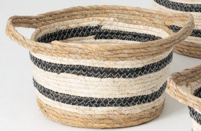 13" x 10" Oval Black and White Natural Basket With Handles