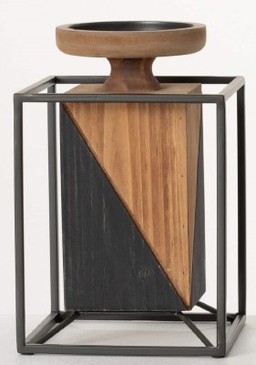 10" Brown and Black Wood and Metal Pillar Candleholder