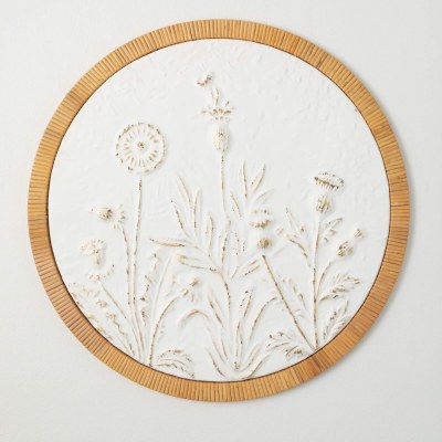 25" Round Distressed White Metal Flower Wall Plaque