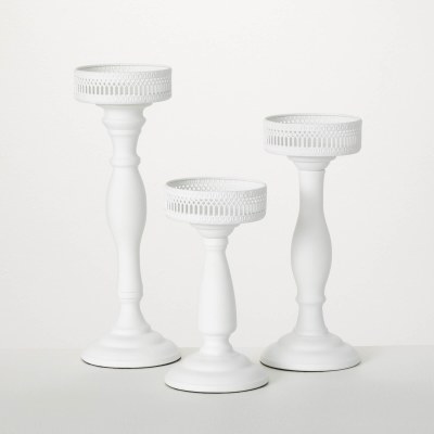 Set of Three 14" White Metal Pillar Candleholders