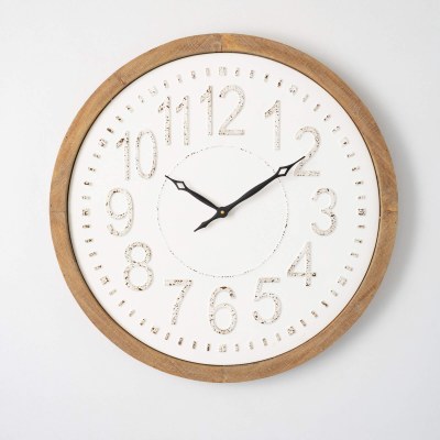 24" Round Brown and Distressed White Wood and Metal Wall Clock