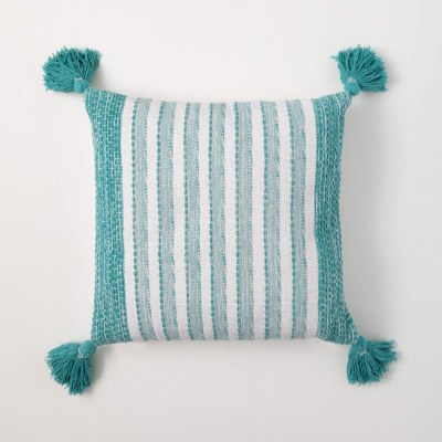 18" Sq White and Sea Blue Striped Decorative Pillow