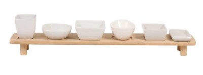 20" Natural Board and Six White Ceramic Bowls Set