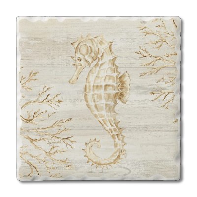 Set of Four 4" Sq Beige Seahorse Coasters