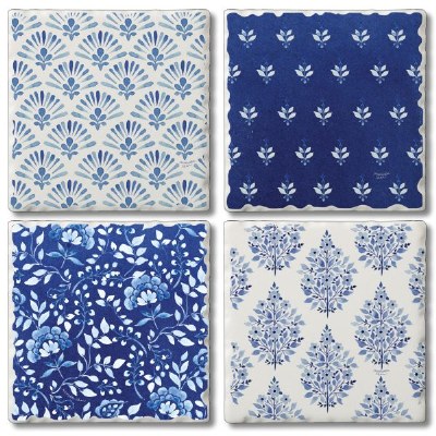 Set of Four Two Toned Blue Pattern Assorted Coasters