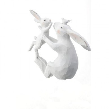 9" White Polyresin Rabbit Holding a Bunny Statue