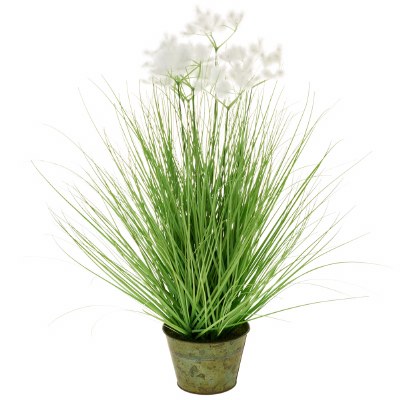 24" Faux White Clouds Potted Grass