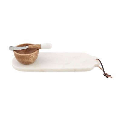 4" x 13" White Marble Tray With a Bowl and Spreader by Mud Pie