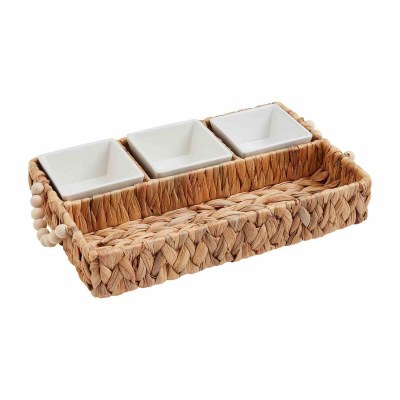 9" x 14" Woven Tray With Three Bowls and Beaded Handles by Mud Pie