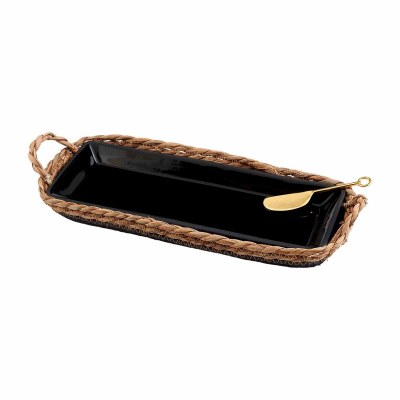 14" Black Dish Inside a Woven Holder With a Spreader by Mud Pie